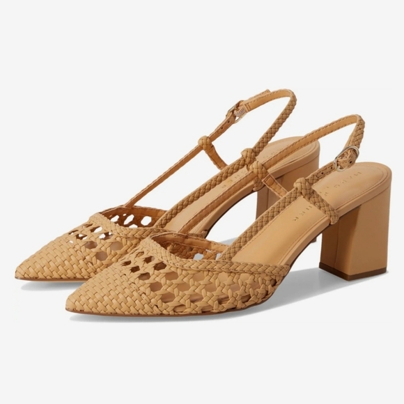 Marc Fisher Slingback Pumps 10 Tan Leather Zunnie Woven Crochet Pointy New $160